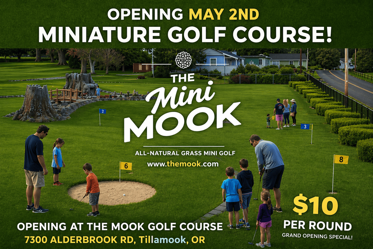 Poster advertising The Mini Mook all-natural grass mini golf course opening May 2nd; shows families on a spacious green course with bold text including  per round and location details.