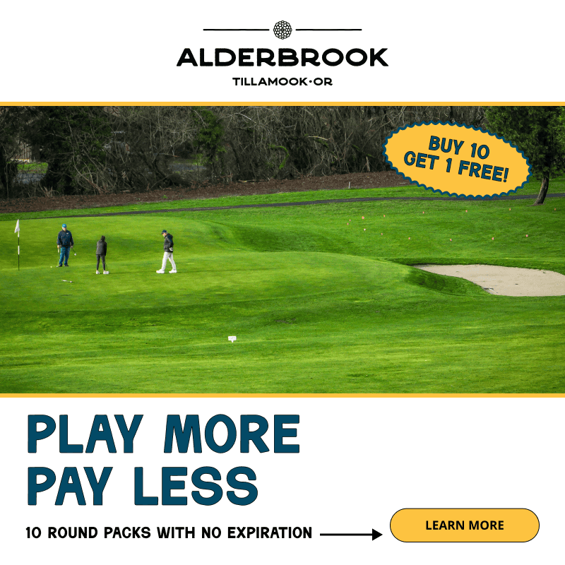 Promo banner for Alderbrook Golf in Tillamook, OR: golfers on a green, 'Buy 10 Get 1 Free' badge and 'Play More Pay Less' with a Learn More button.